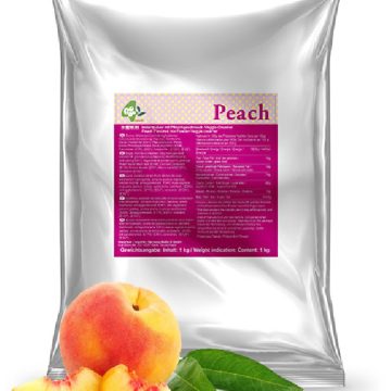 Poche de 1kg de poudre Vegan saveur pêche pour Bubble Tea. La poche permet de réaliser environ 22 boissons de 500mL